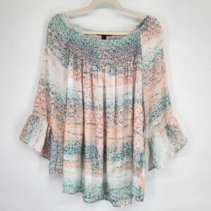 Womens Coastal Flowy Blouse 2X Beachy Boho Cottagecore Pastel Summer Tropical